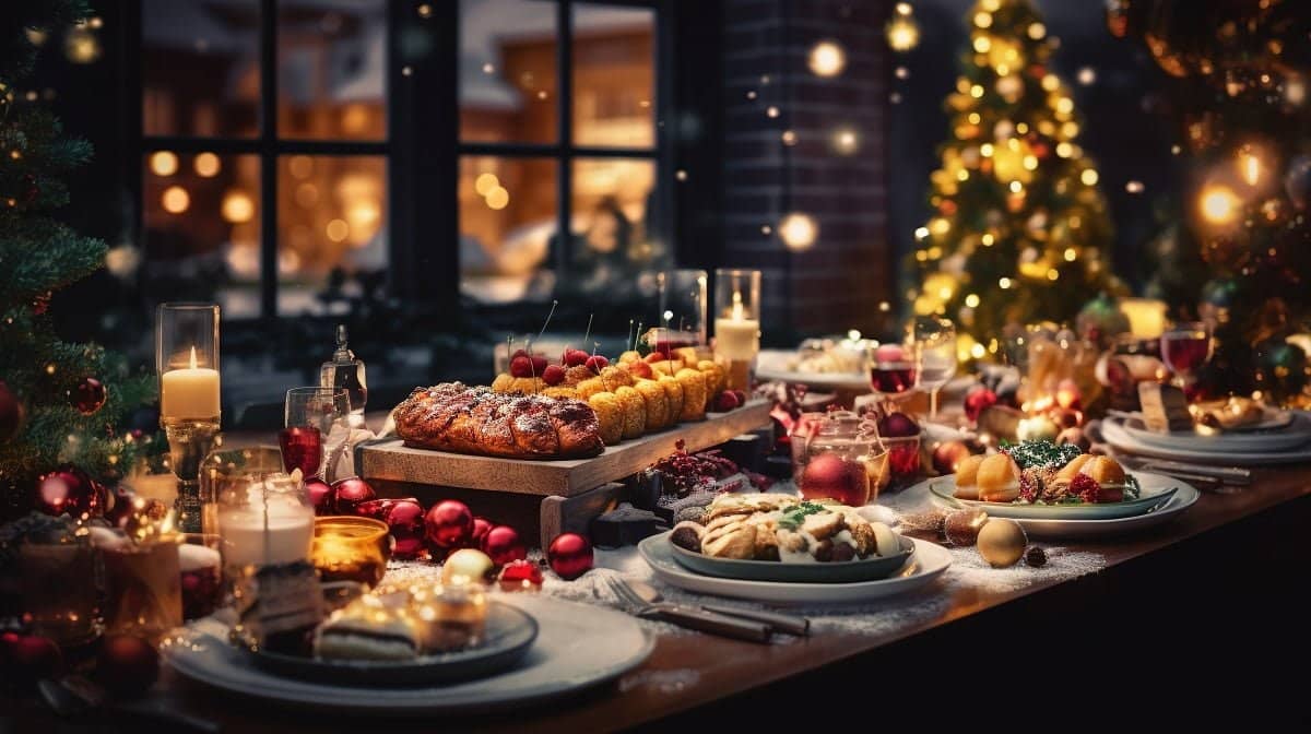 vecteezy ai generato natale cena tavolo pieno di piatti con cibo e 35095683