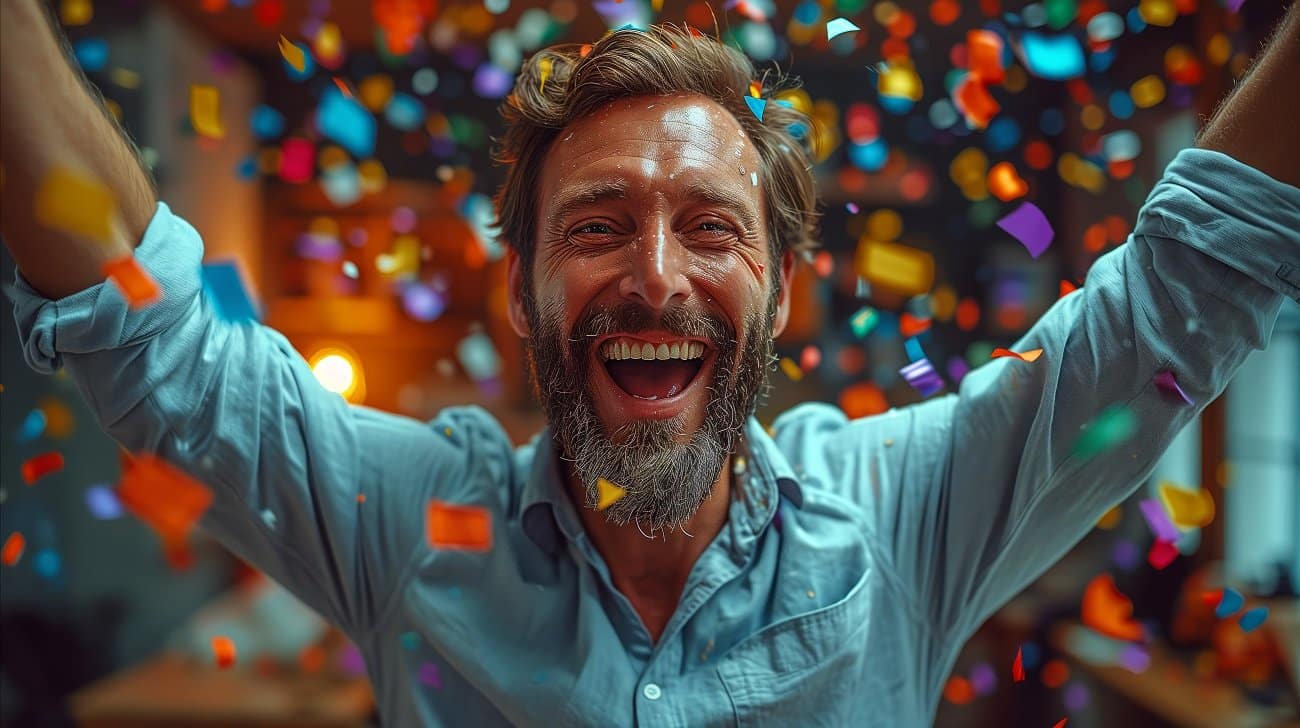 vecteezy ai generato gioioso uomo festeggiare con braccia sollevato 36778048