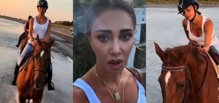 Belen Rodriguez cade da cavallo durante il galoppo sulla spiaggia: «Ho fatto un volo!»